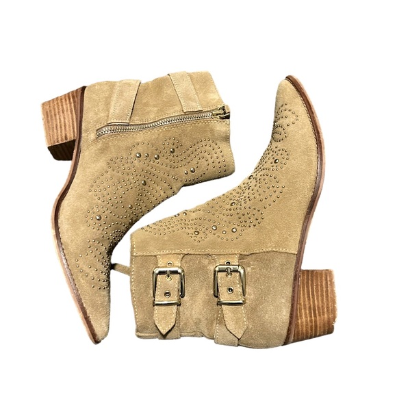 ZARA Tan Suede Gold Studded Point Toe Side Zip Double Buckle Bootie-Size 7.5 - Picture 14 of 16